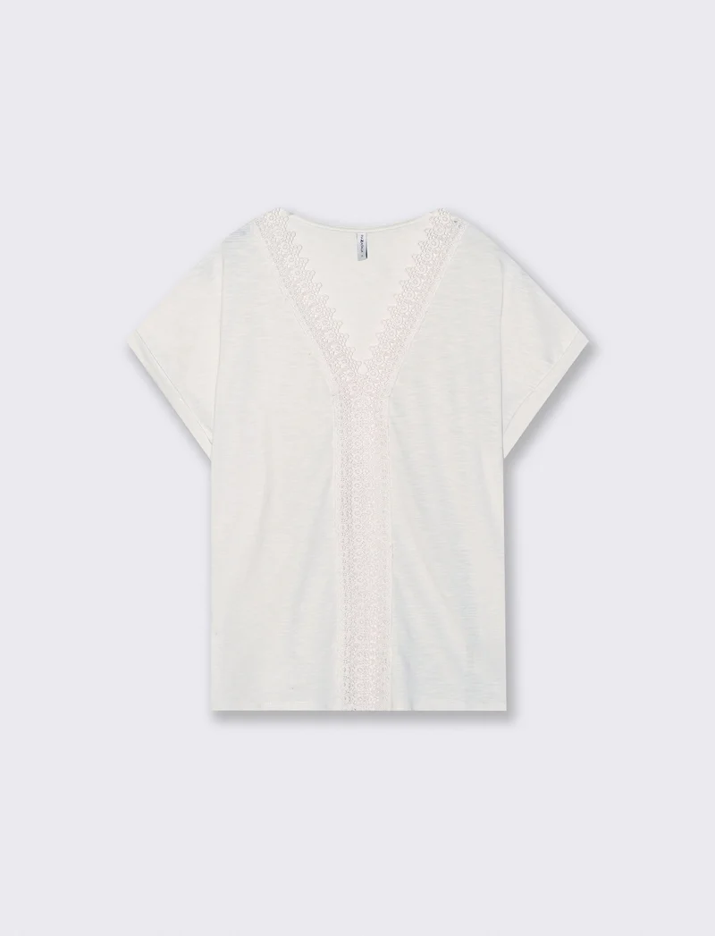 T-Shirt in Cotone con Passamaneria e Pizzo - Avorio