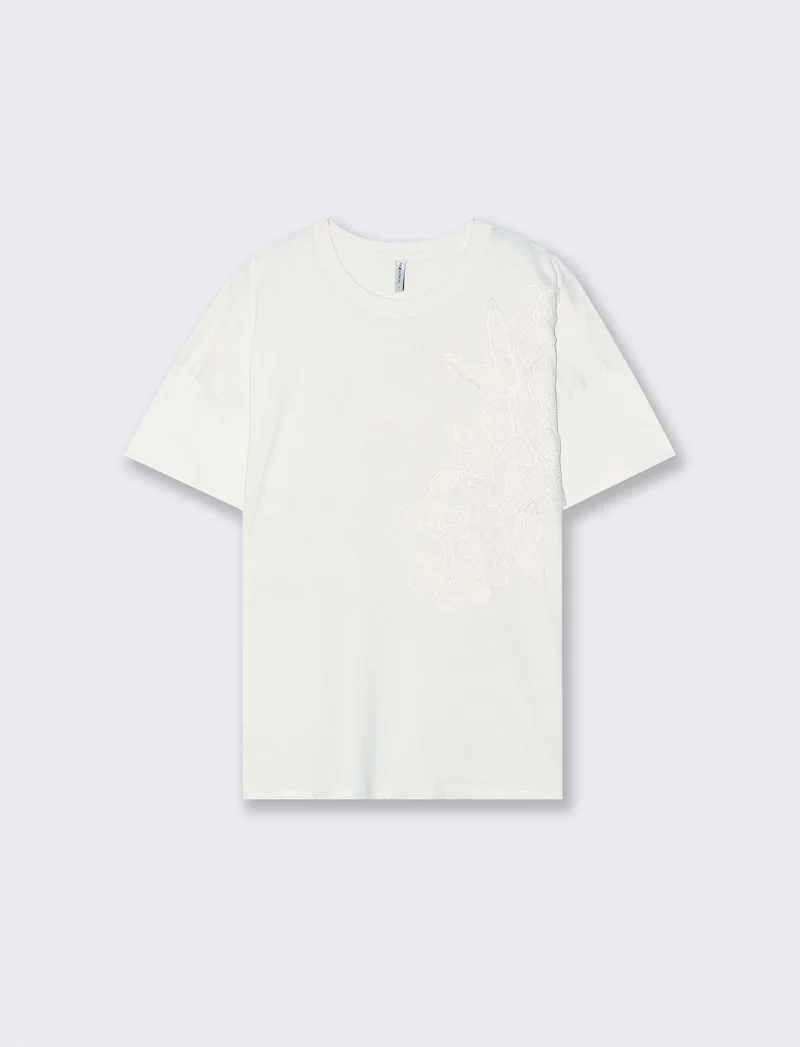 T-shirt basic con ricamo floreale tono su tono - Avorio