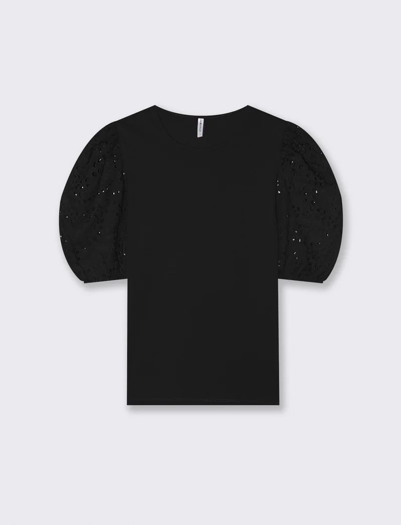 T-shirt in cotone con maniche in pizzo - Nero
