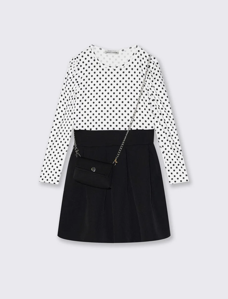 Abito a pois con gonna a contrasto e borsa - Nero