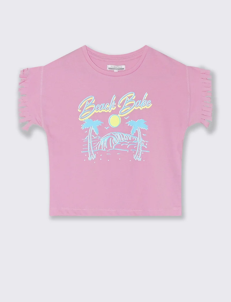 T-shirt mezza manica con frange e stampa - Rosa