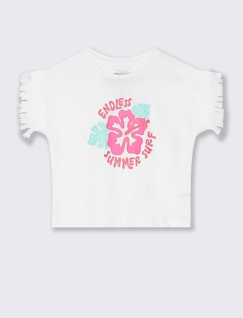 T-shirt mezza manica con frange e stampa - Bianco