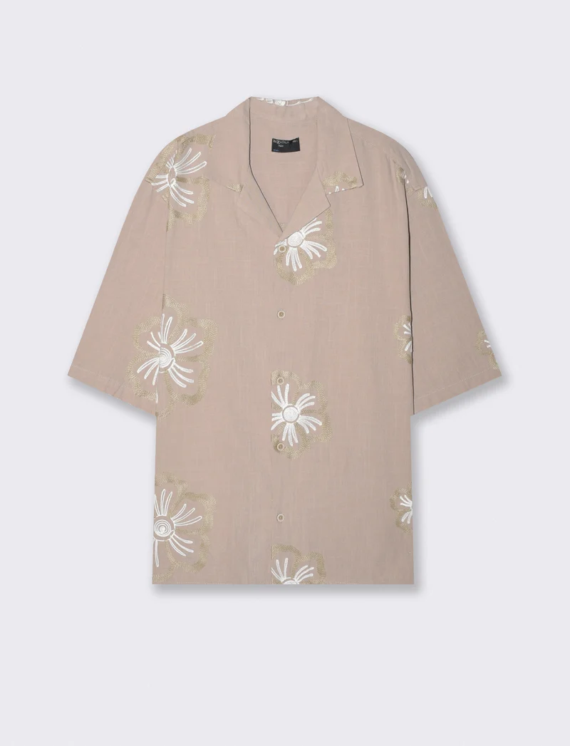 Camicia boxy fit in cotone ricamato - Beige