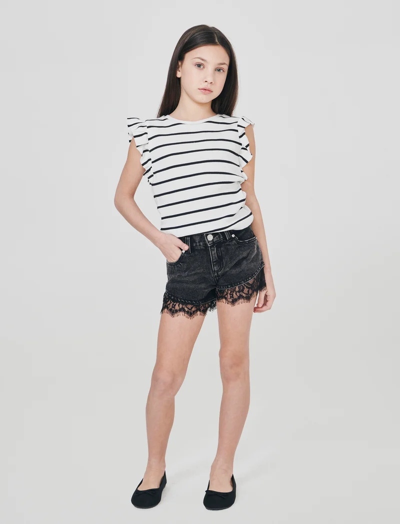Short in denim con balza in pizzo - Nero