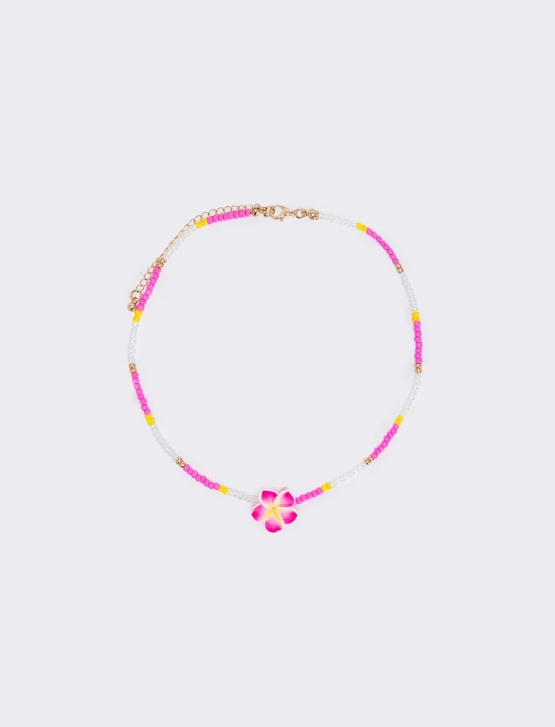 Collana con perline e fiore - Fuxia