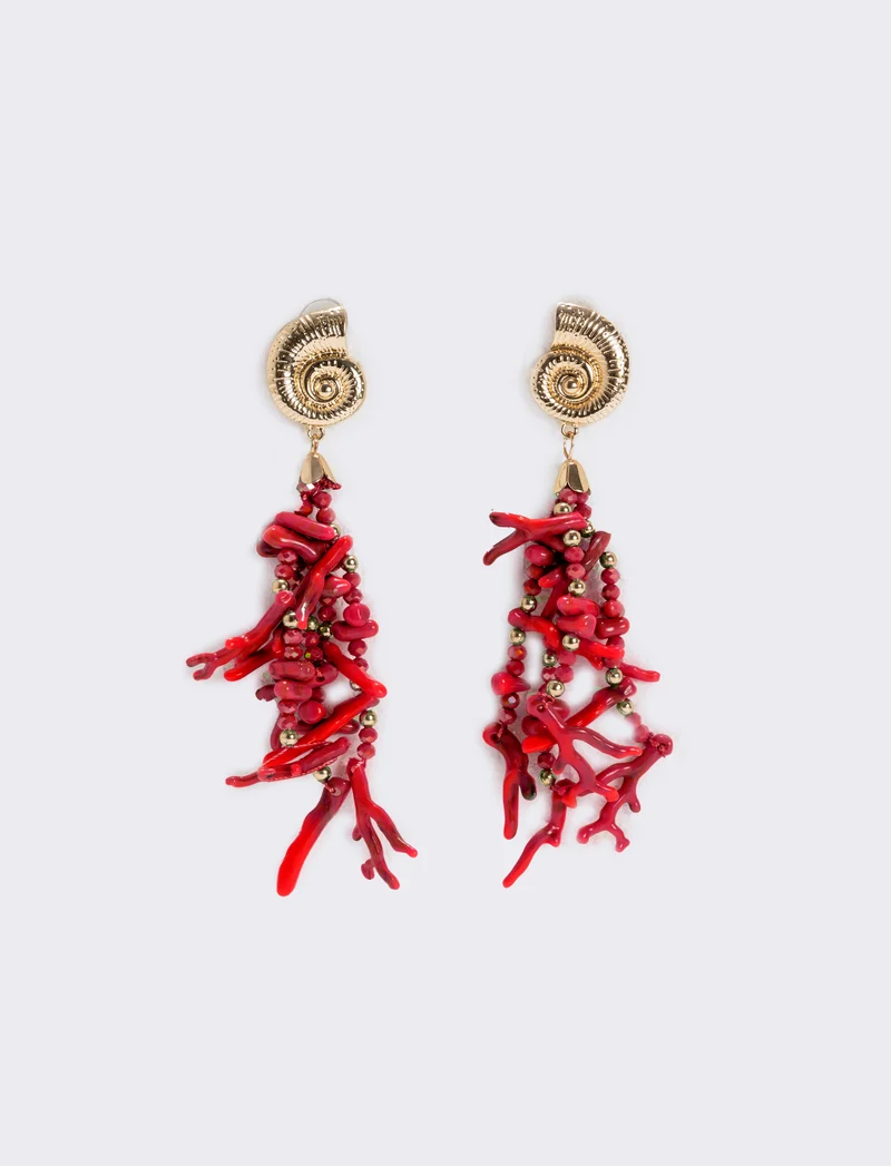 Orecchini rami di corallo con clip - Rosso