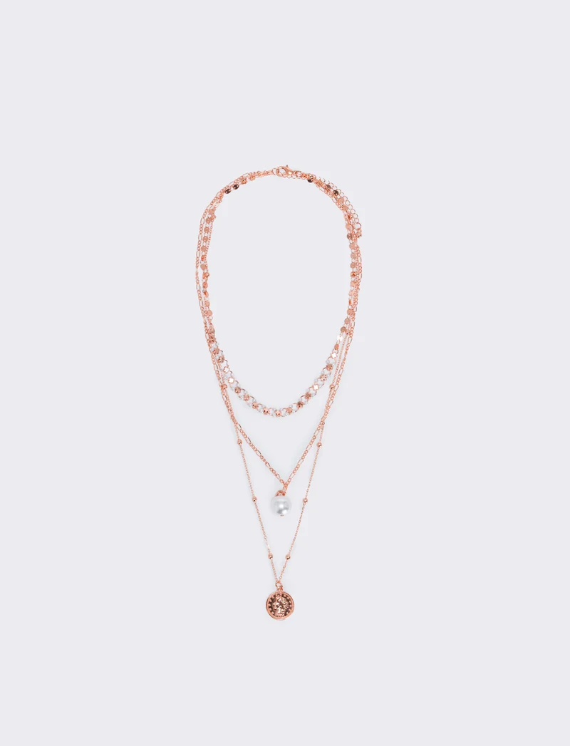 Collana tre fili con perla e monetina - Oro rosa