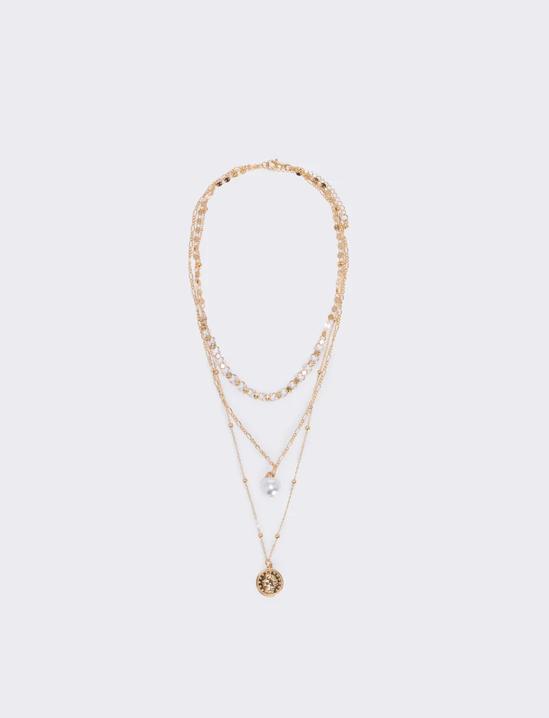 Collana tre fili con perla e monetina - Oro