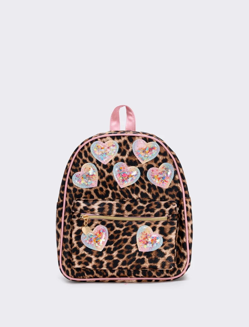 Zainetto leopardato con cuori glitterati - Rosa