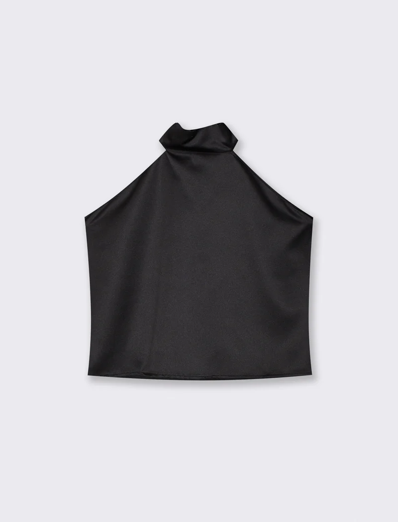 Top in raso scollato all'americana - Nero