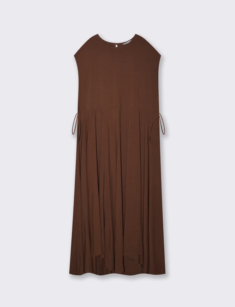 Vestito lungo con scollo rotondo e coulisse - Marrone cioccolato