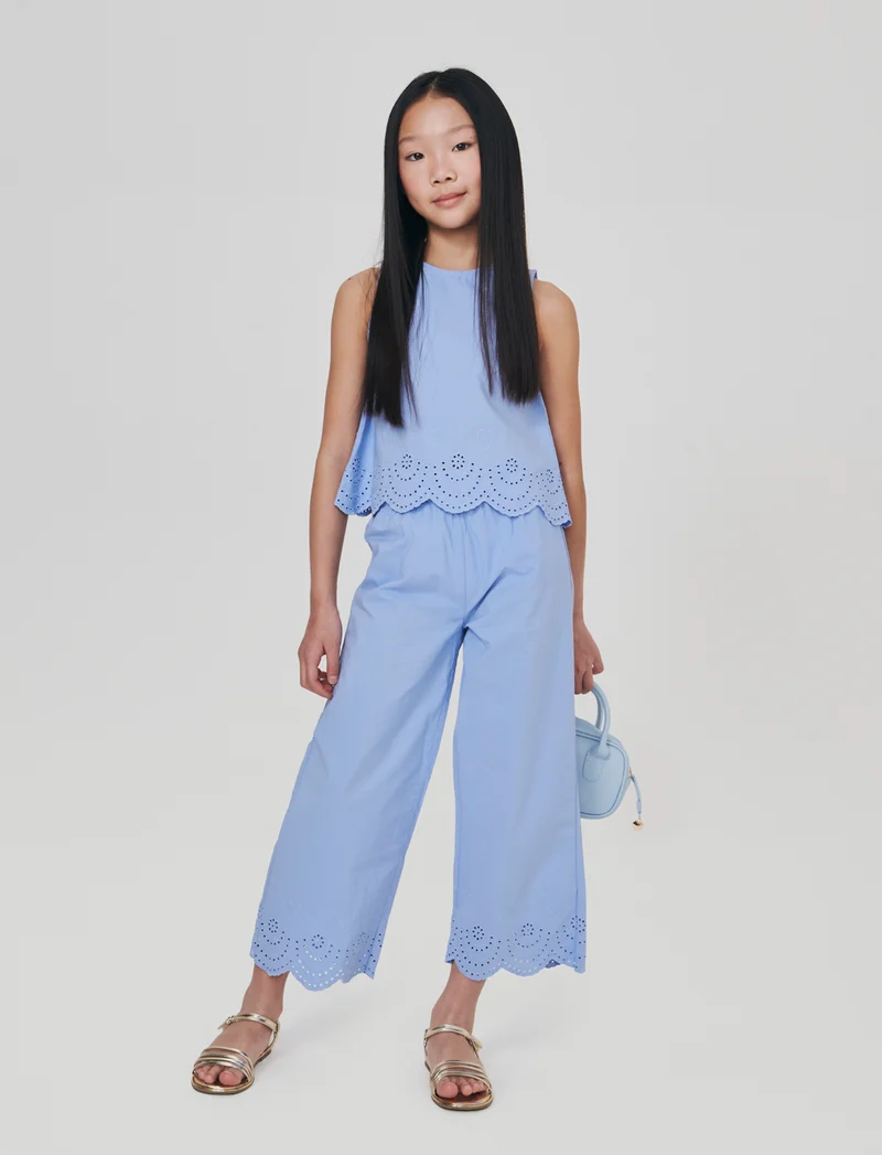 Pantaloni cropped con ricamo Sangallo - Azzurro