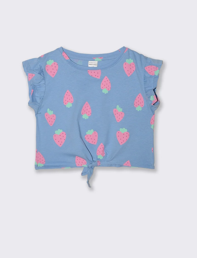 T-shirt estiva in cotone con nodo e manica aletta - Azzurro