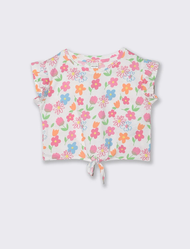 T-shirt estiva in cotone con nodo e manica aletta - Bianco