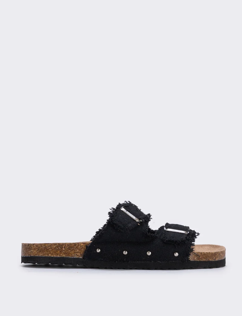 Sandalo in denim con strass e fibbia doppia - Nero