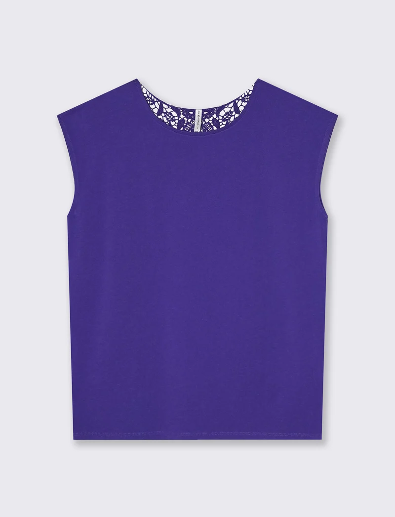 T-Shirt in Cotone con Inserto in Crochet - Blu cobalto