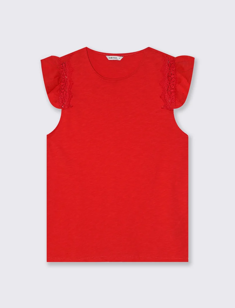 Maglia in pizzo con maniche ad aletta - Corallo