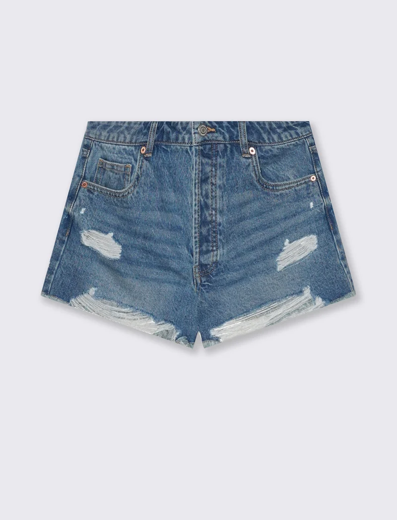 Short in denim a vita alta sfrangiato - DENIM SCURO