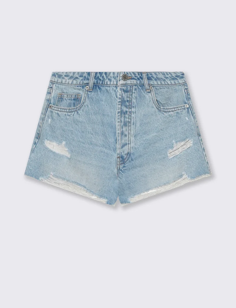 Short in denim a vita alta sfrangiato - Denim