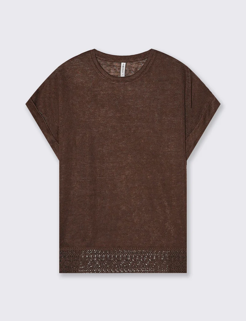 T-Shirt Manica Corta con Pizzo e Risvolto - Marrone cioccolato