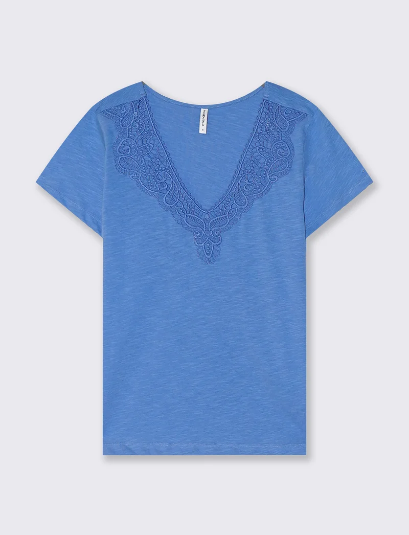 T-Shirt con Passamaneria Scollo V - Azzurro