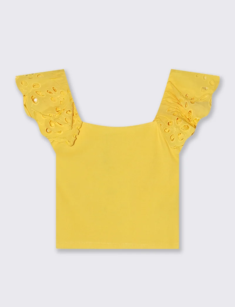 Top con pizzo e scollo quadrato a coste - Giallo limone
