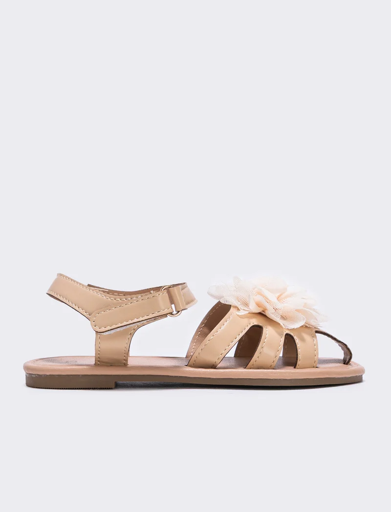 Sandalo beige con fiore in tulle da bambina - Beige