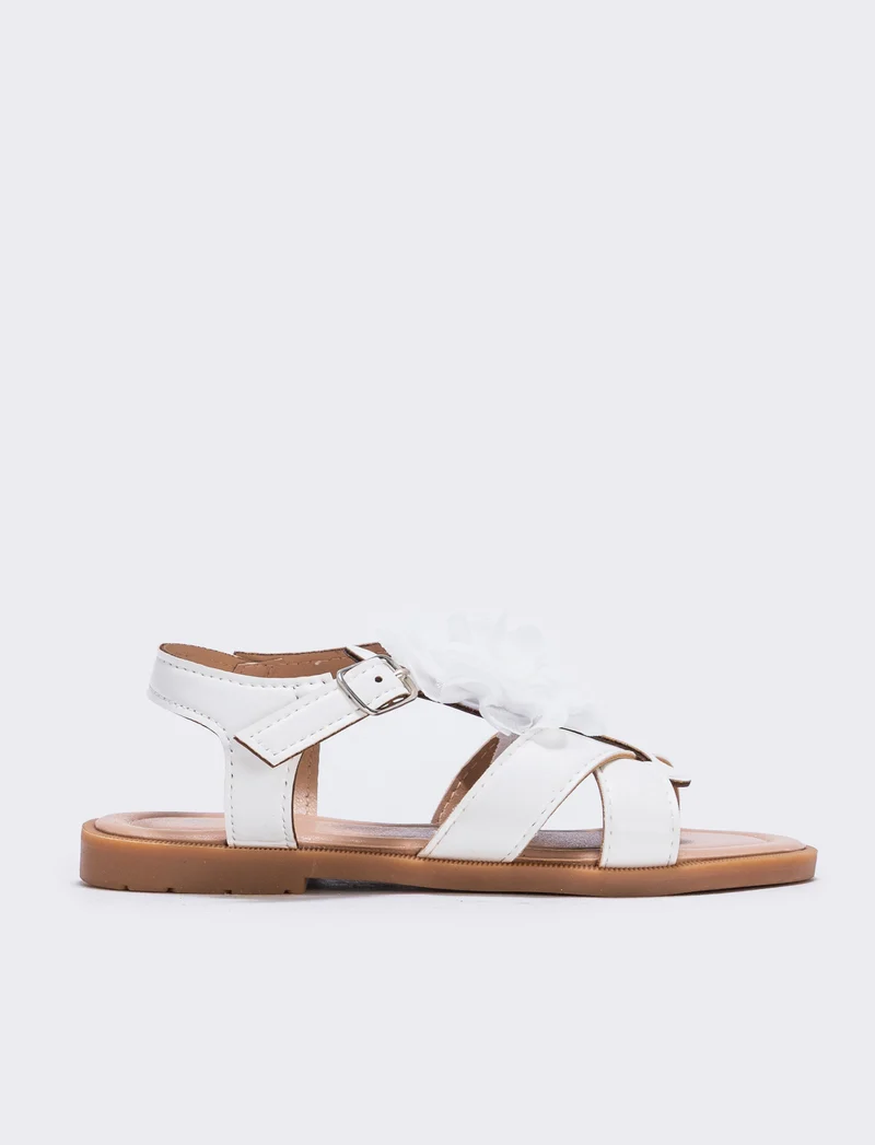 Sandalo bianco con fiore in tulle per bambina - Bianco