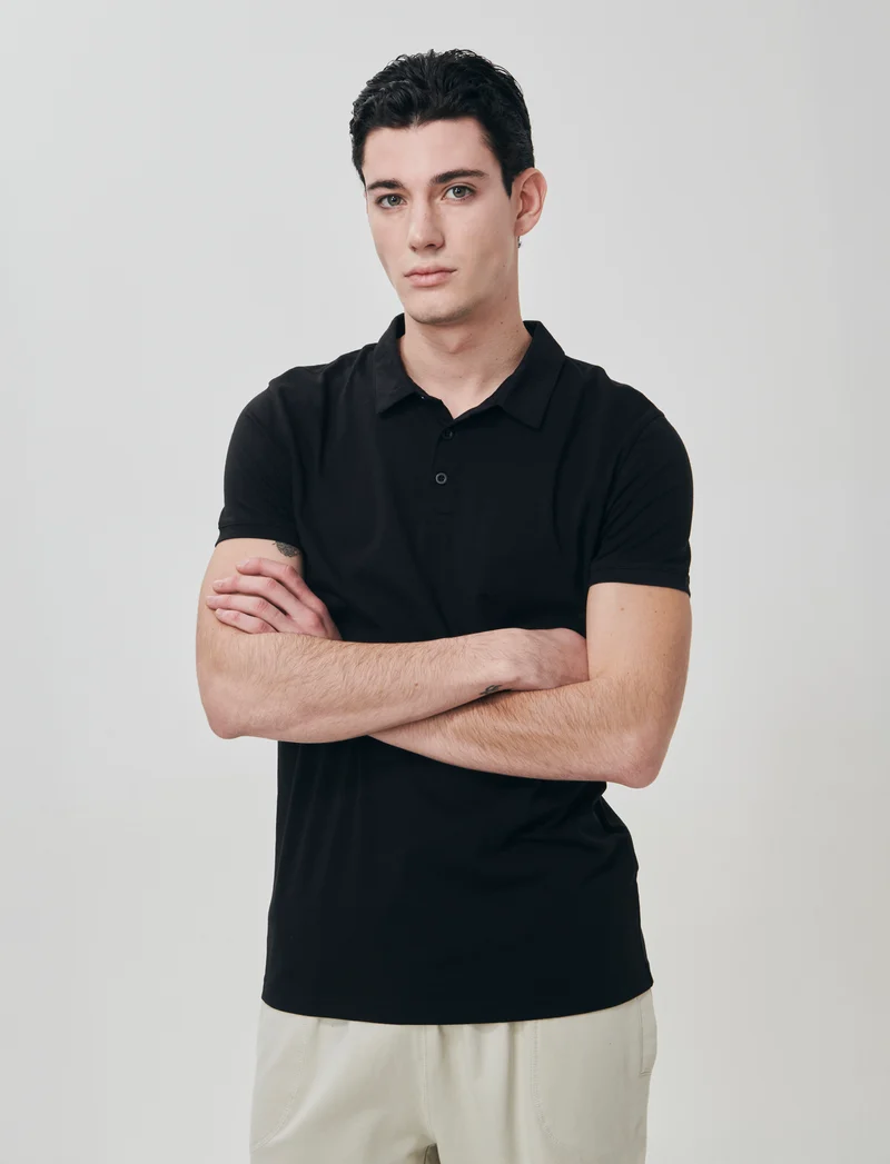 Polo Collo Derby in Cotone Elasticizzato - Nero