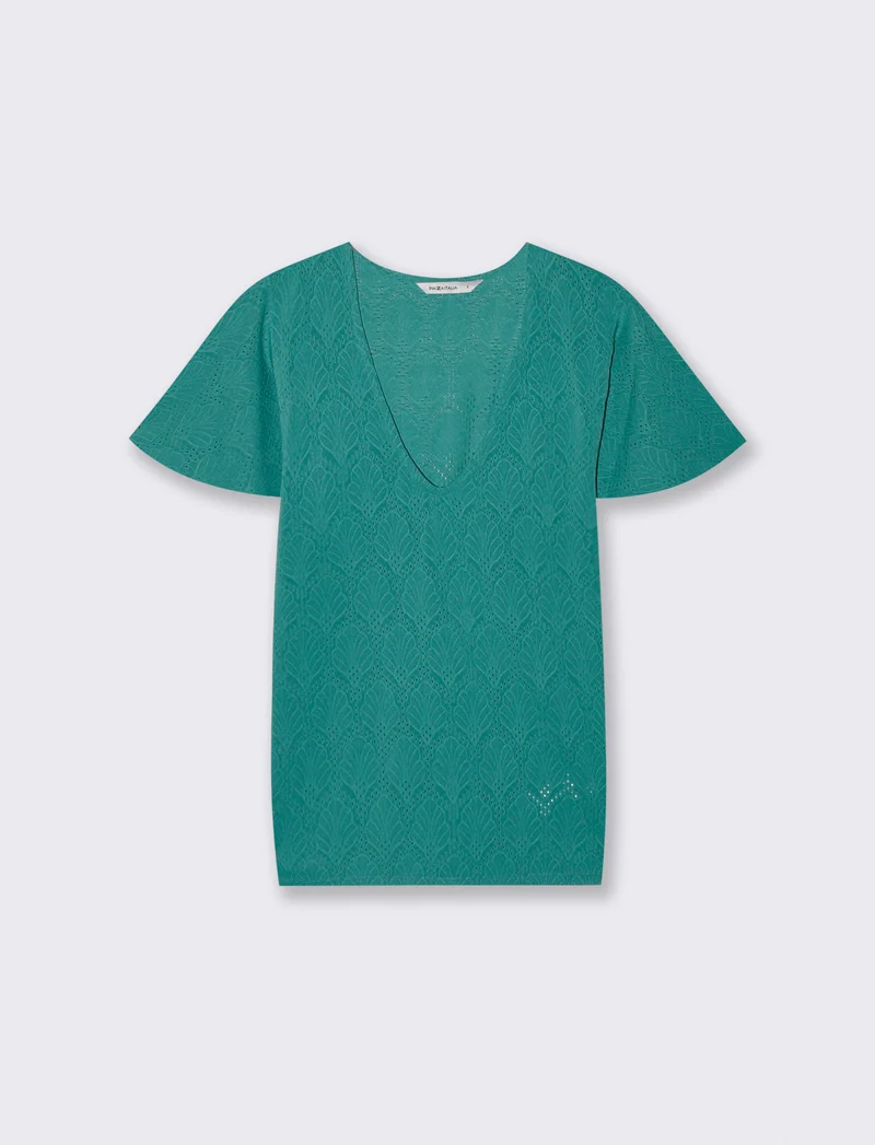 T-Shirt Scollo a V con Manica a Volant - Verde smeraldo