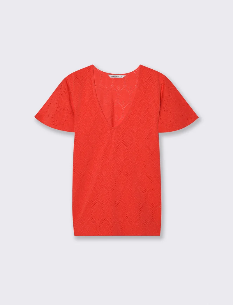T-Shirt Scollo a V con Manica a Volant - Corallo