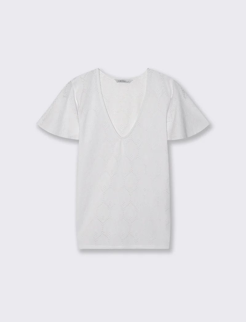 T-Shirt Scollo a V con Manica a Volant - Bianco