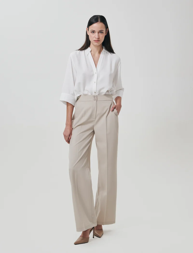 Pantalone Palazzo con Chiusura Doppio Bottone - Beige
