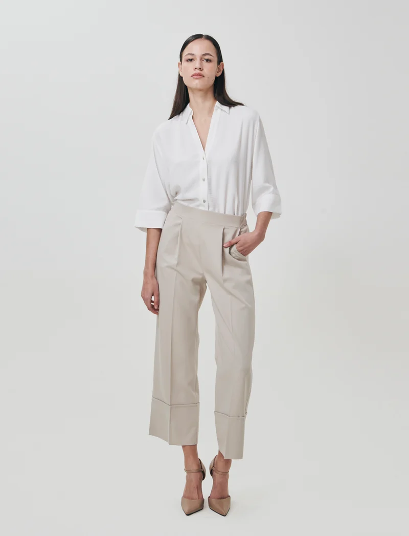 Pantalone Coulotte con Elastico e Risvolto - Beige