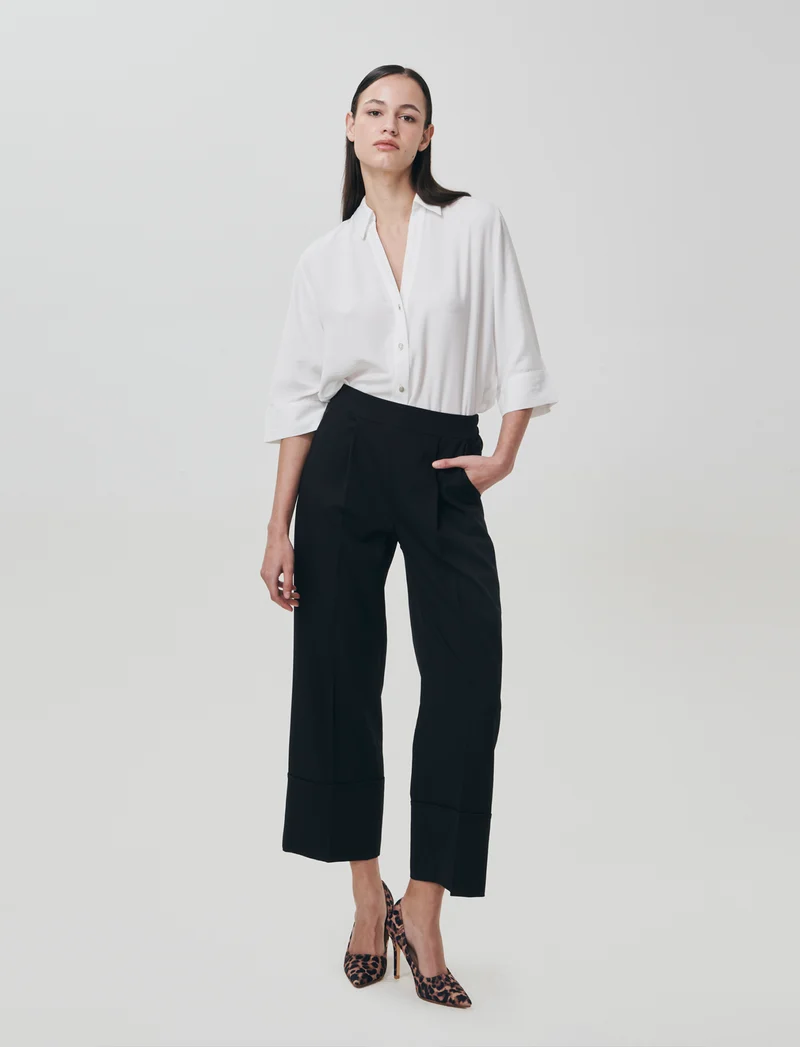 Pantalone Coulotte con Elastico e Risvolto - Nero