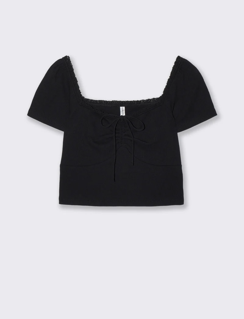 Top arricciato con manica corta slim - Nero