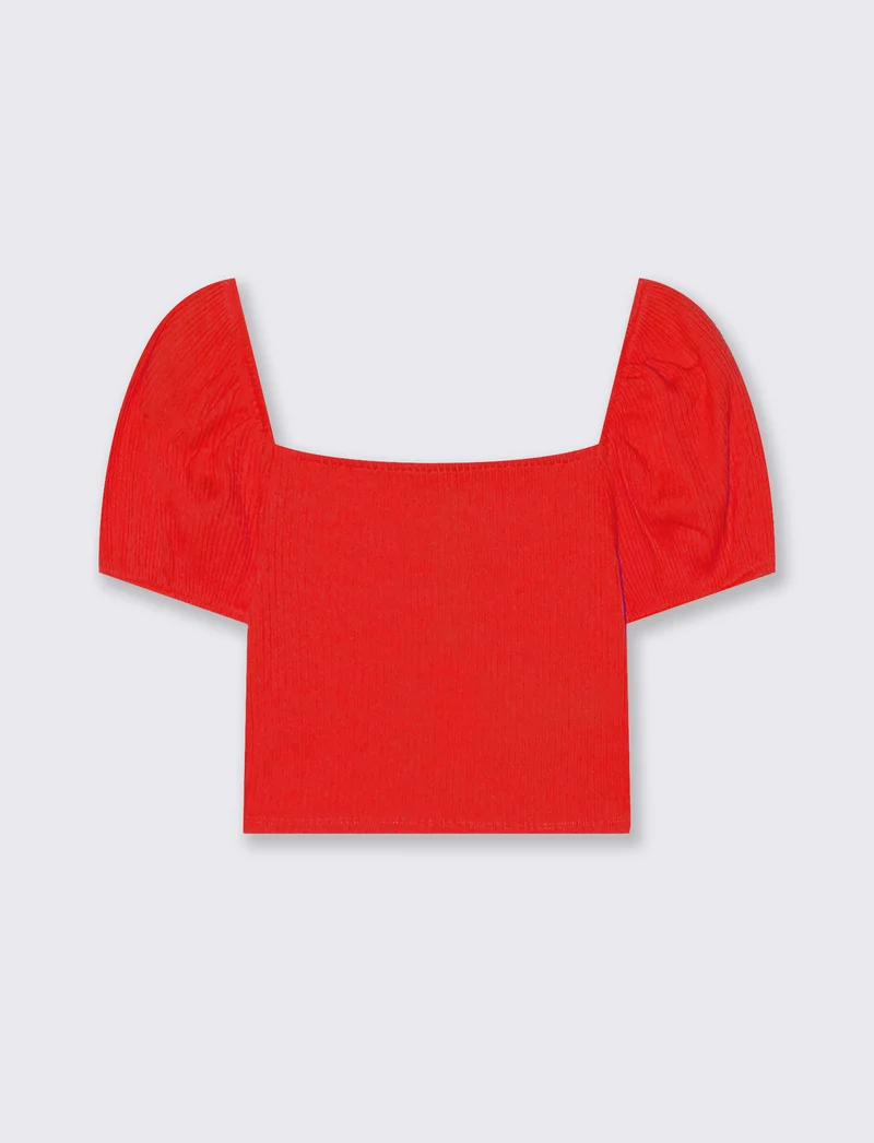 Top con scollo quadrato e maniche a palloncino - Corallo
