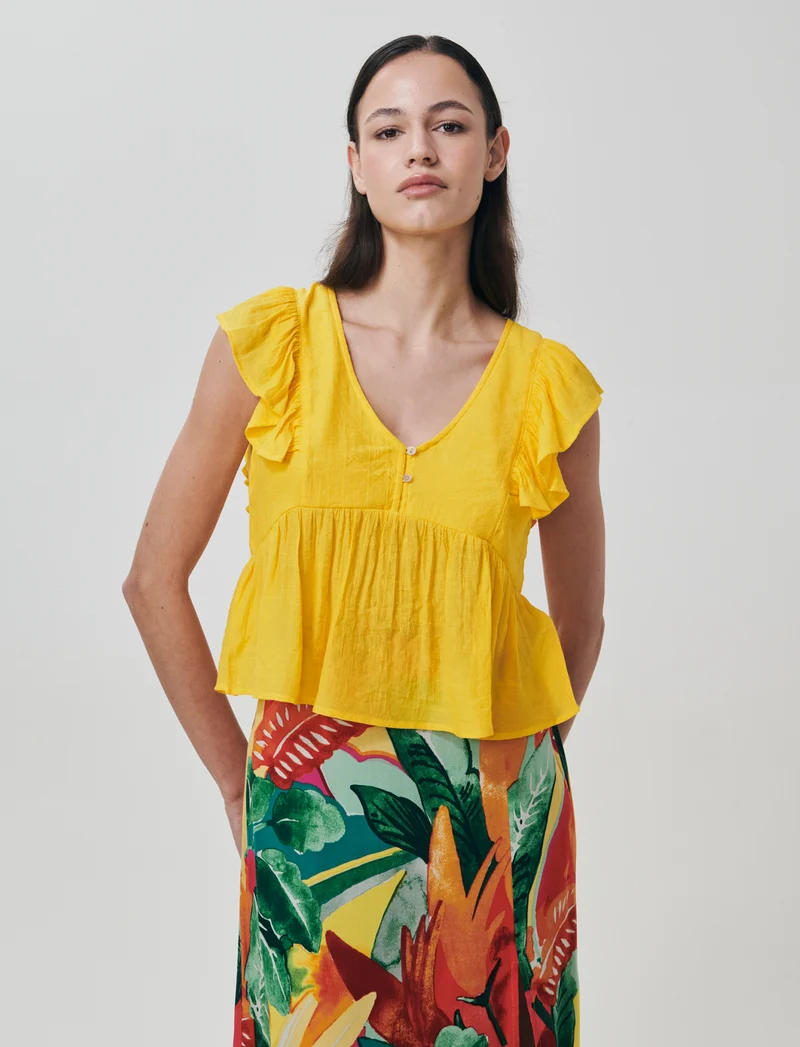 Top con Rouches e Scollo a V Sagomato - Giallo limone