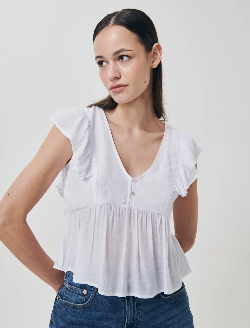 Top con Rouches e Scollo a V Sagomato - Bianco