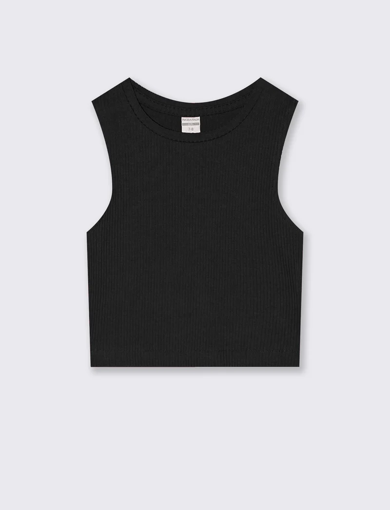 Top cropped in tessuto elastico girocollo - Nero
