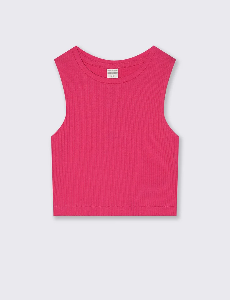 Top cropped in tessuto elastico girocollo - Fuxia