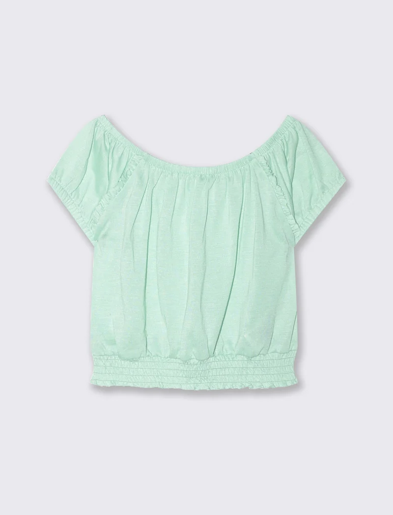 Top scollo a barca con elastico arricciato - Verde acqua