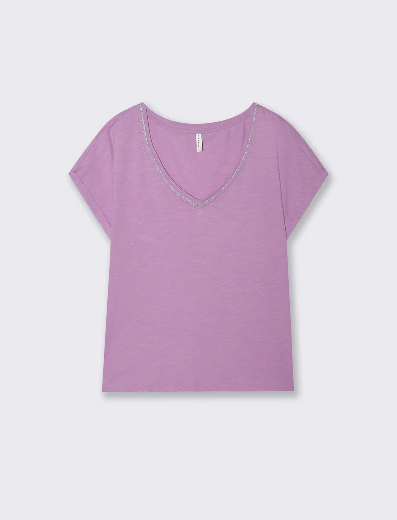 T-Shirt Scollo a V in Cotone Lurex - Viola malva