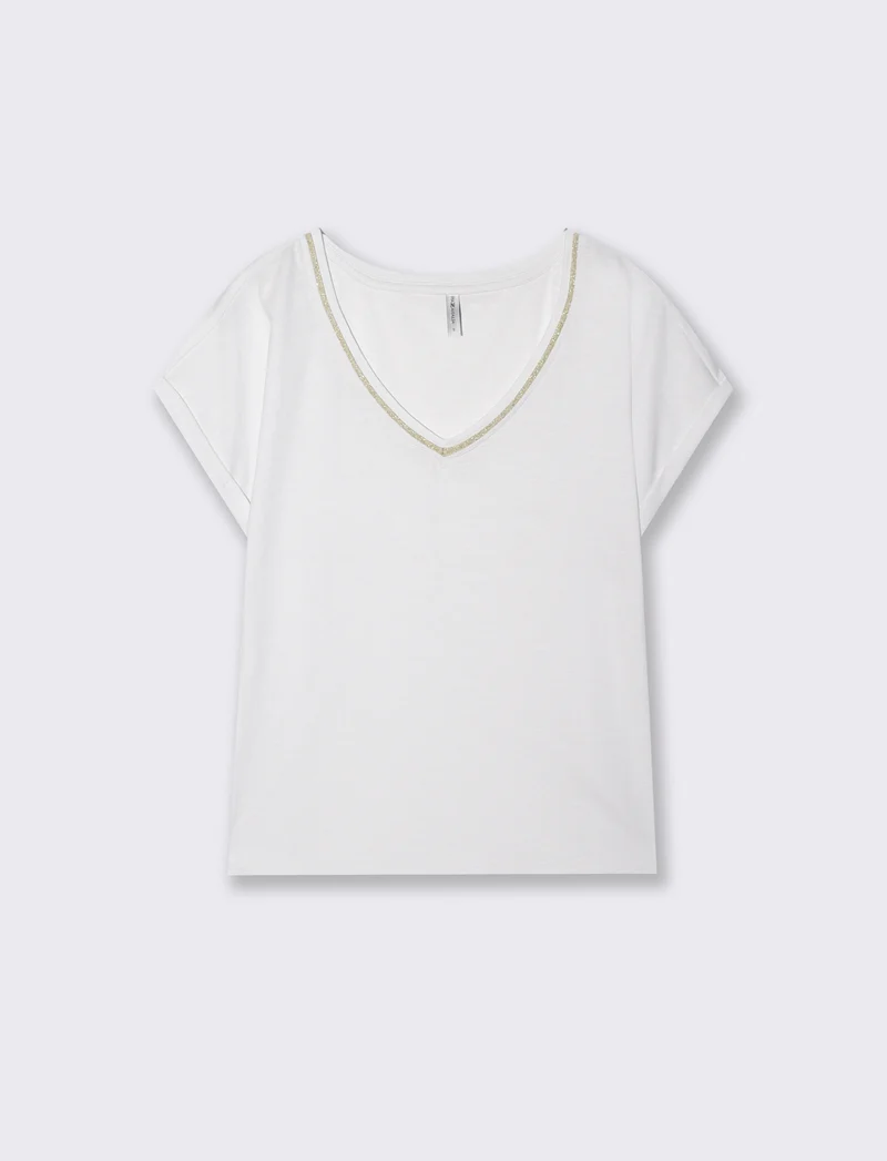 T-Shirt Scollo a V in Cotone Lurex - Bianco