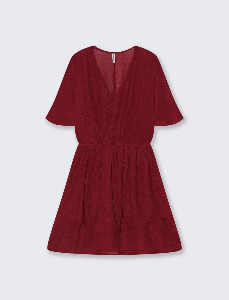Vestito con Maniche Corte e Scollo a V - Rosso india