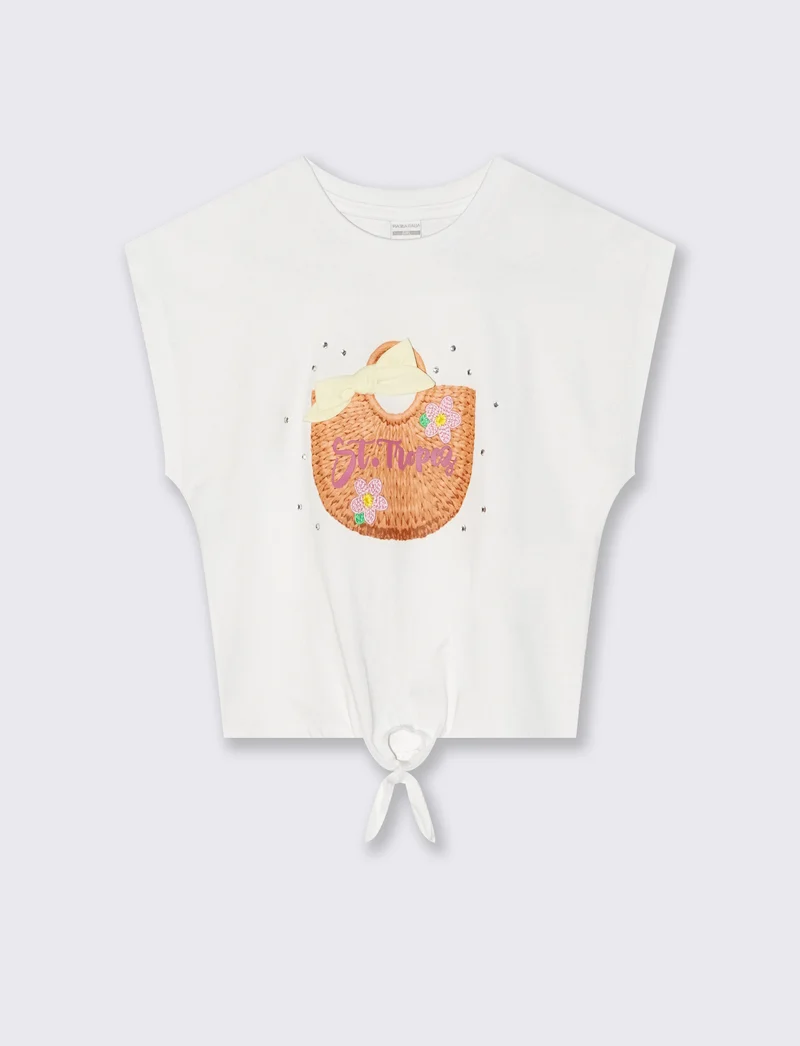 T-shirt estiva in cotone con nodo e strass - Bianco