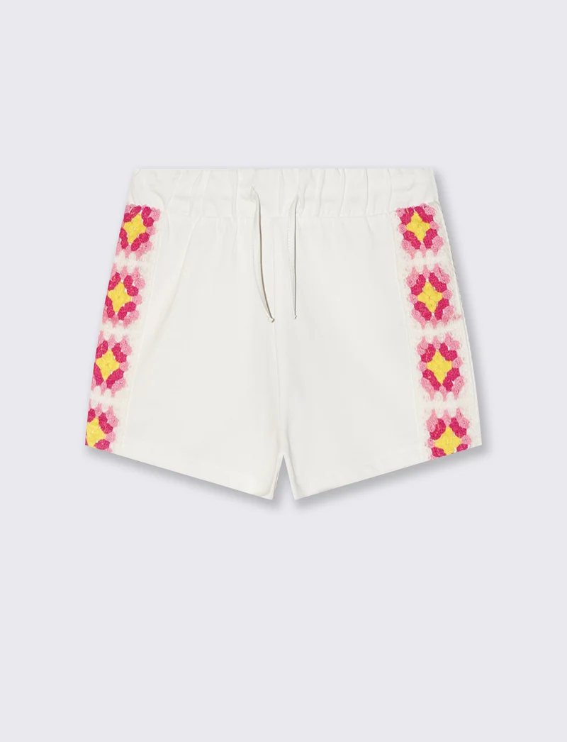 Pantaloncino con fasce in crochet e felpa - Bianco latte