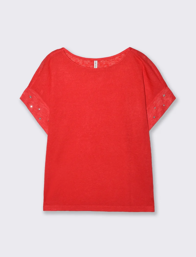 T-Shirt con Strass e Scollo a Barca - Corallo