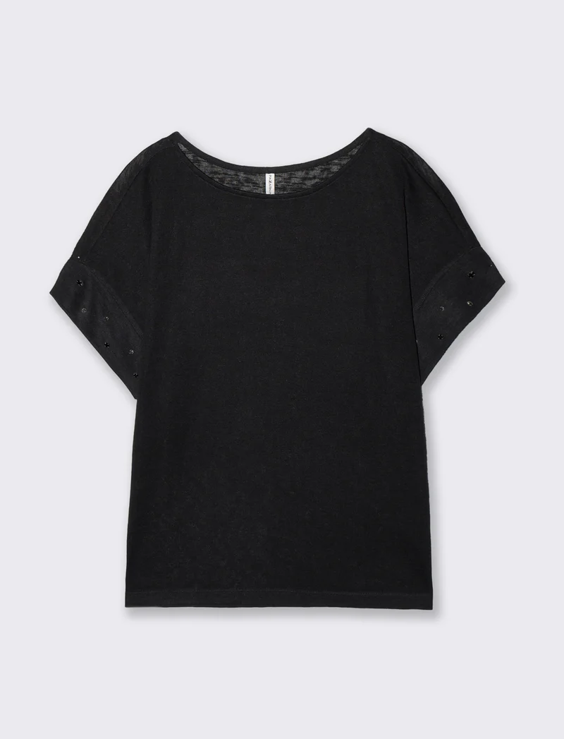 T-Shirt con Strass e Scollo a Barca - Nero