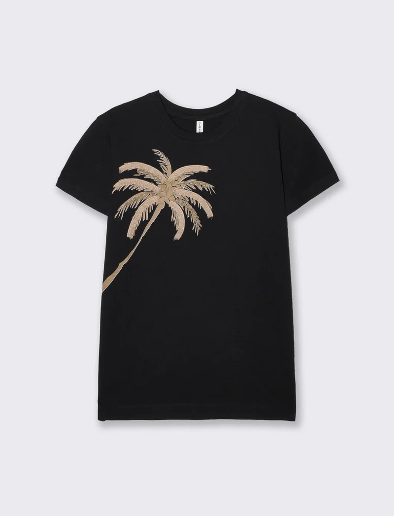 T-Shirt Mezza Manica con Ricamo - Nero